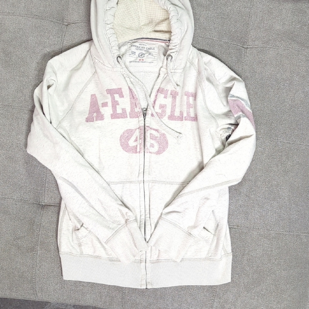American Eagle Outfitters Zip Up Cream/Grey Hoodie